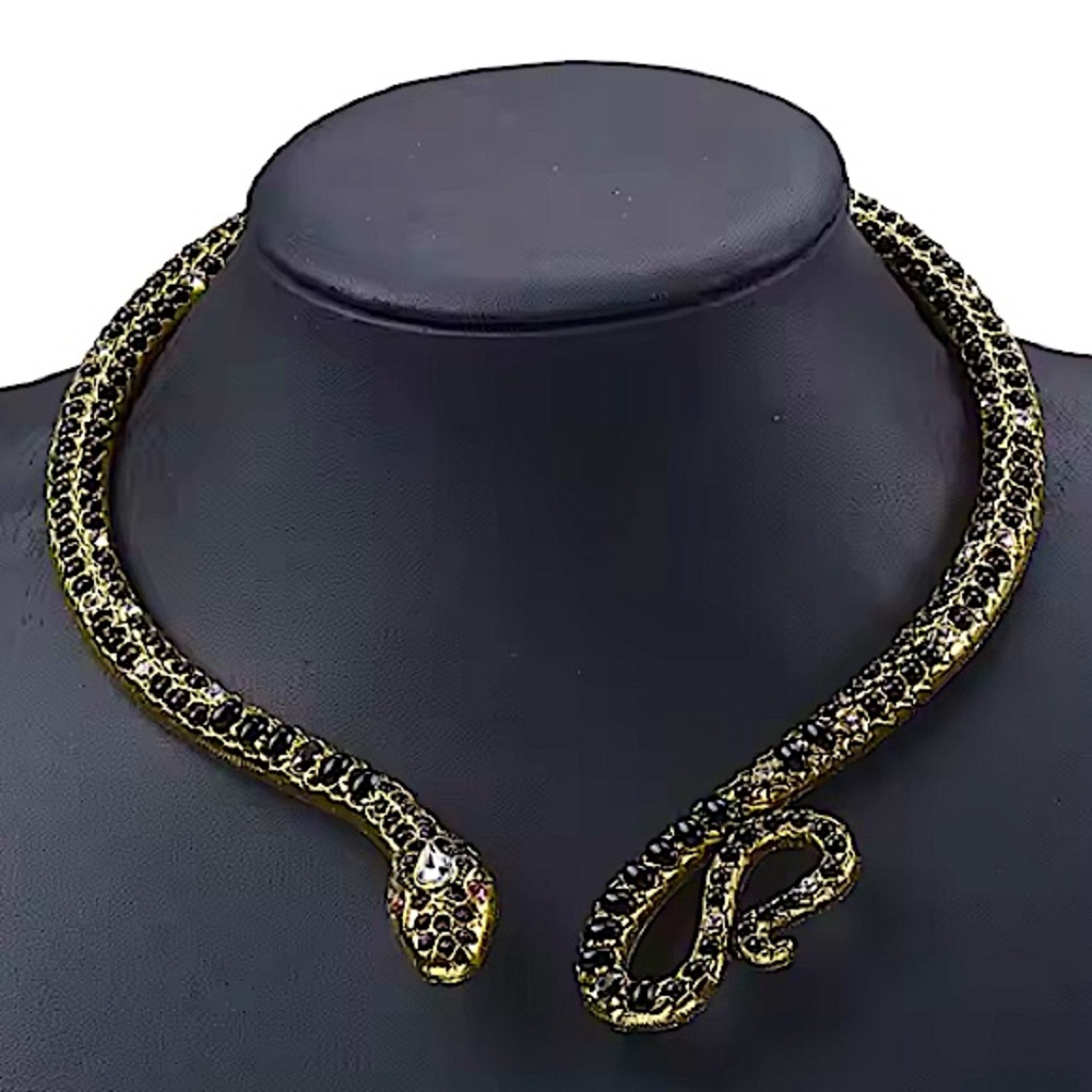 Vintage Black Onyx Snake Moissanita Stone Necklace Choker Viper Animal Je…